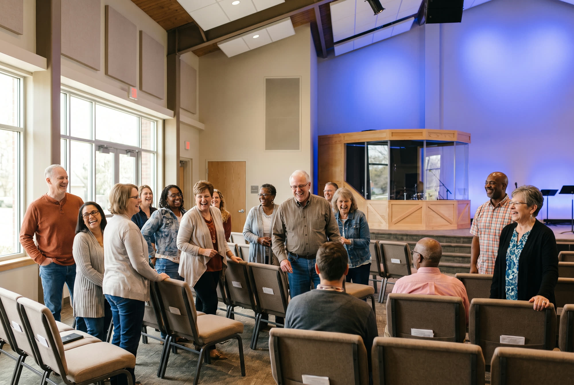 Diverse joyful congregation smiling together in a bright modern auditorium