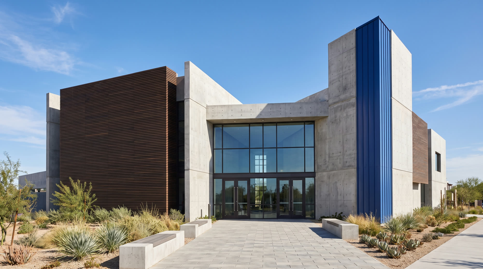 Modern church building exterior in bright daylight with a cobalt-blue architectural accent