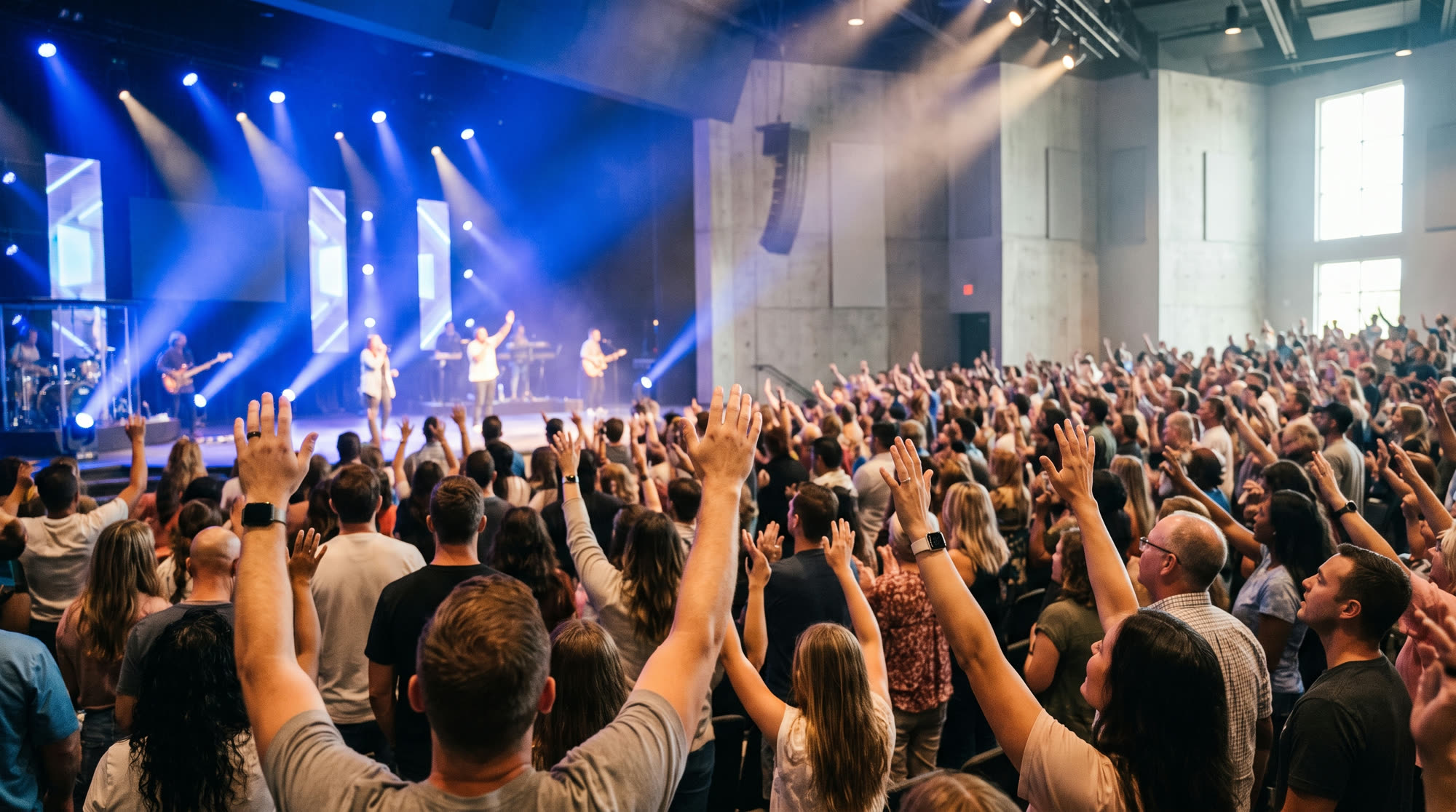 Congregation with hands raised in worship under bright cobalt stage lighting