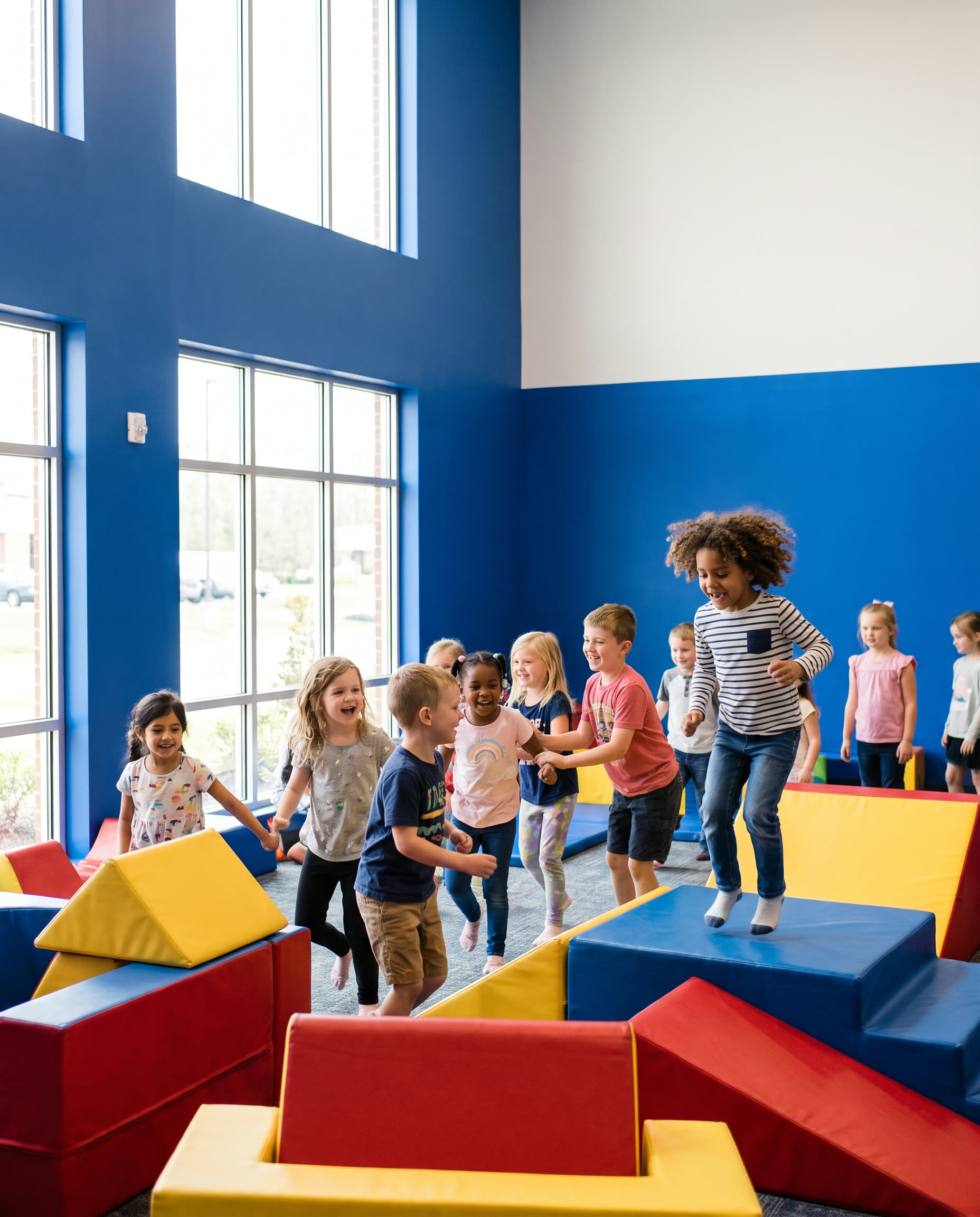 Kids laughing and playing in a bright, colorful children's ministry space