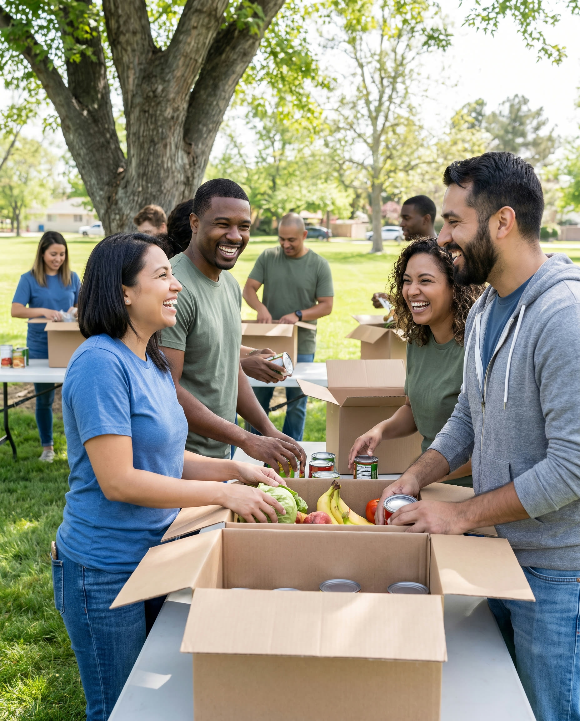 Diverse volunteers joyfully packing food donation boxes outdoors