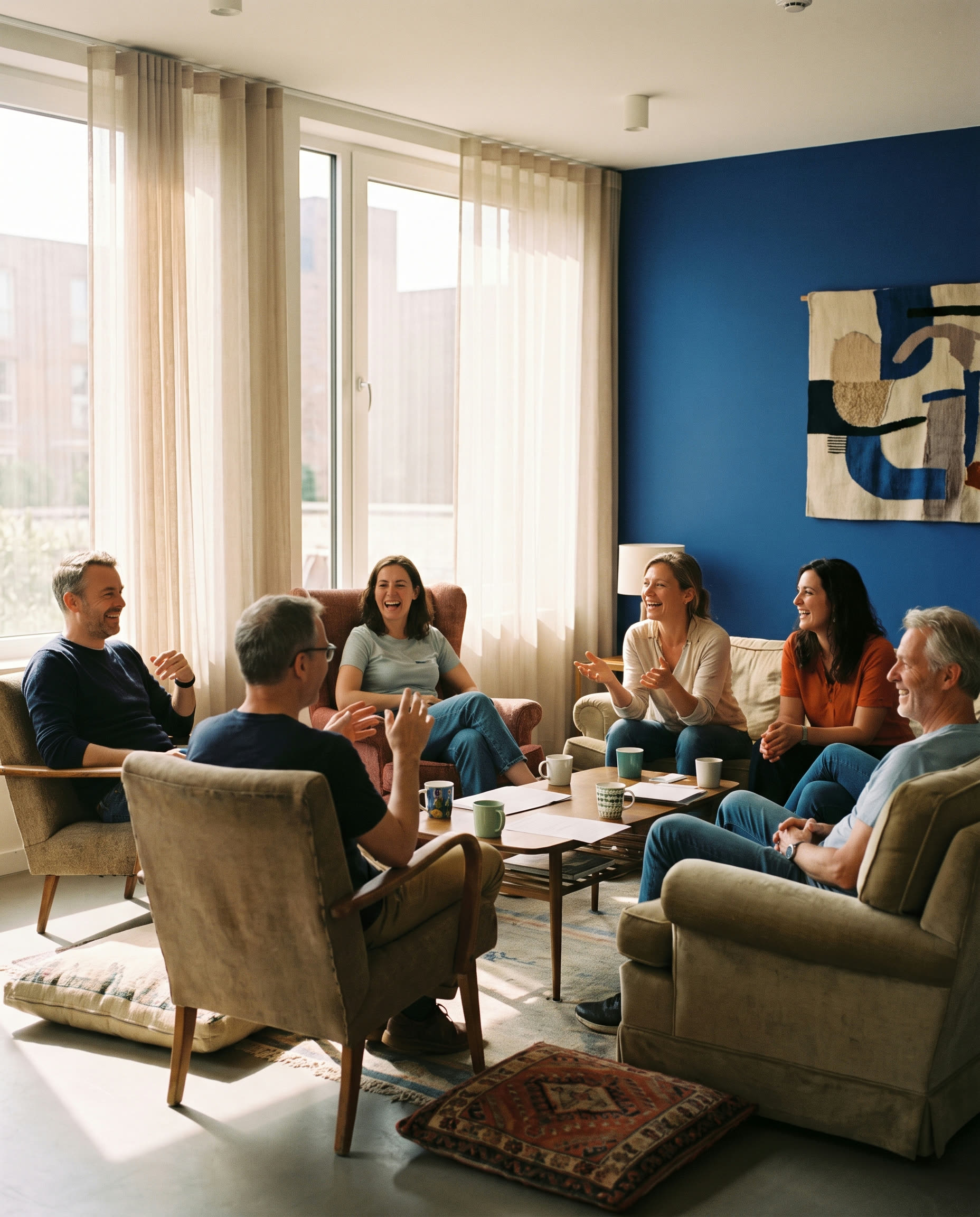 Diverse small group of adults gathered in conversation in a bright modern space