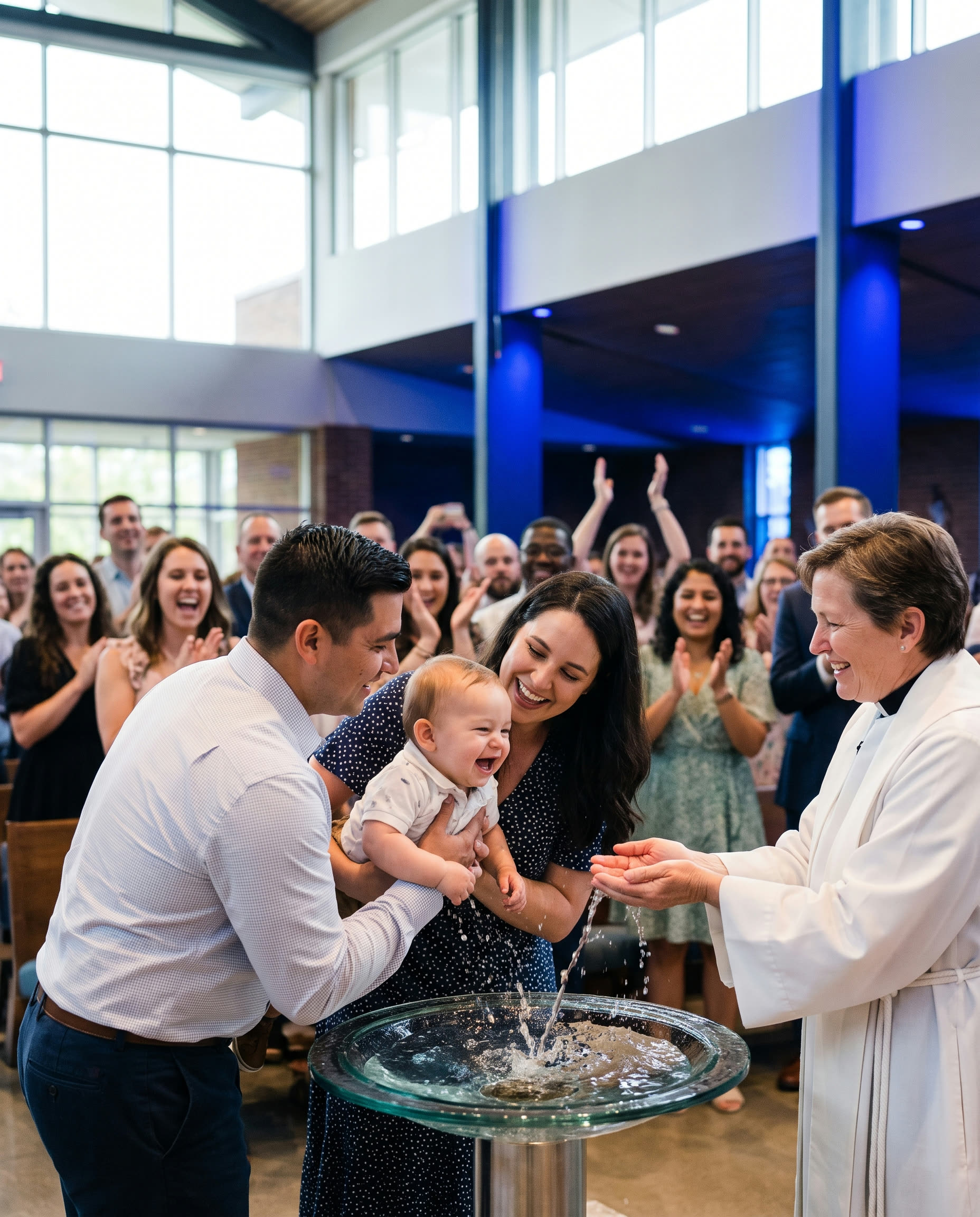 Joyful baptism celebration moment with cheering crowd