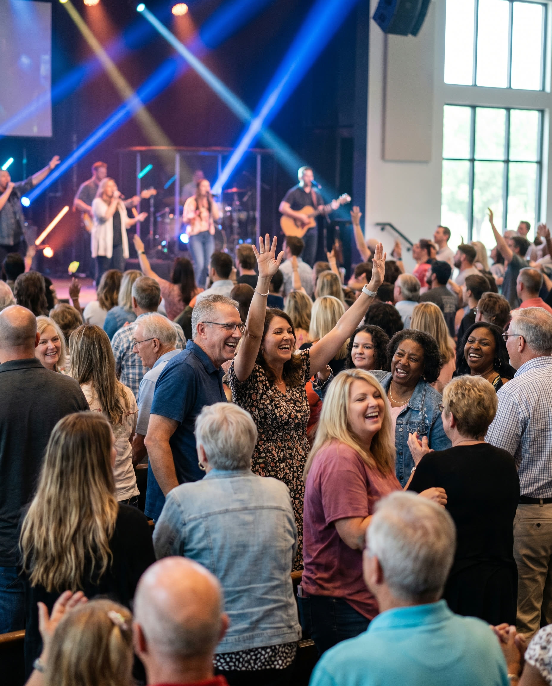 Joyful crowd reacting during a lively church service
