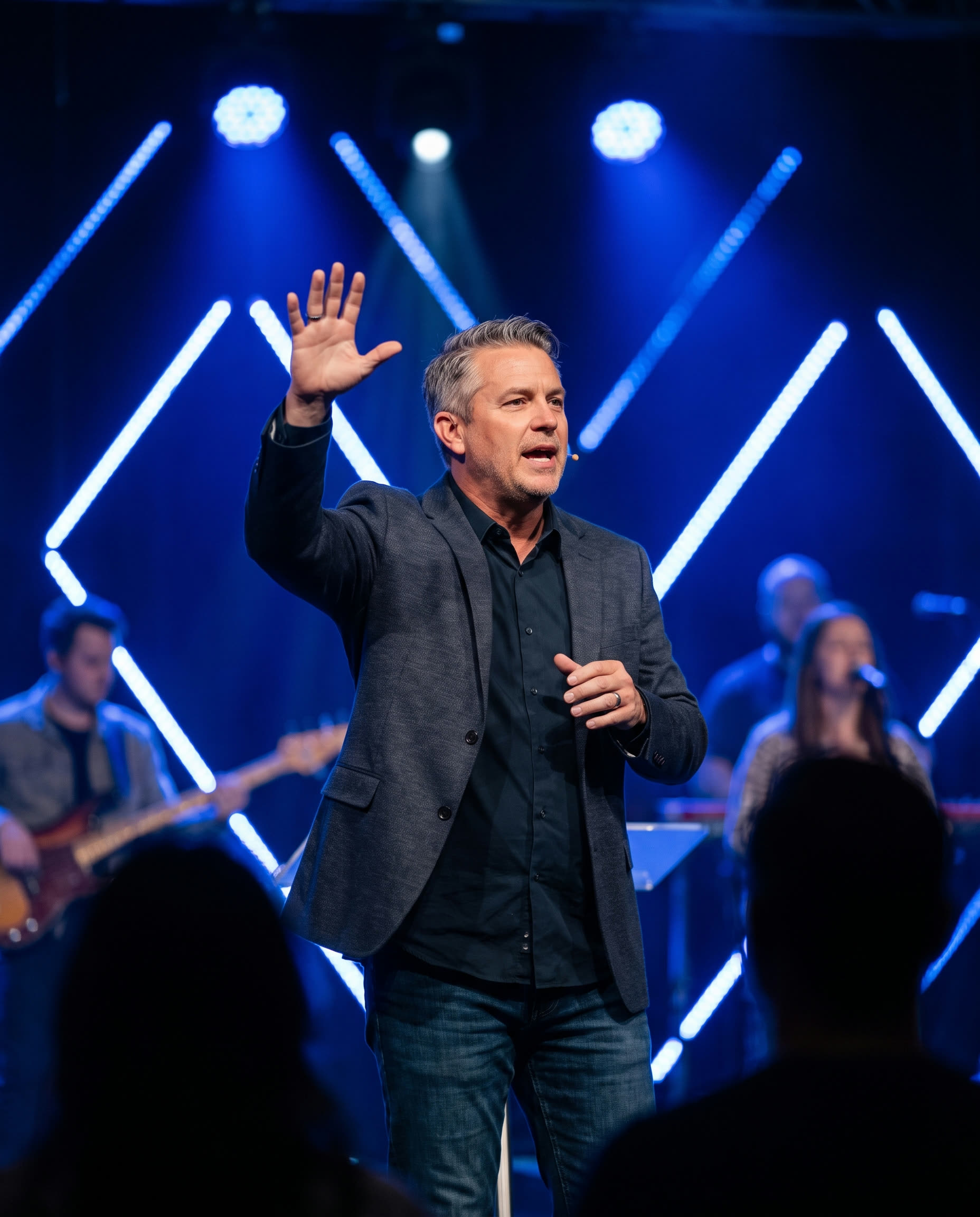 Pastor teaching mid-gesture on a modern stage