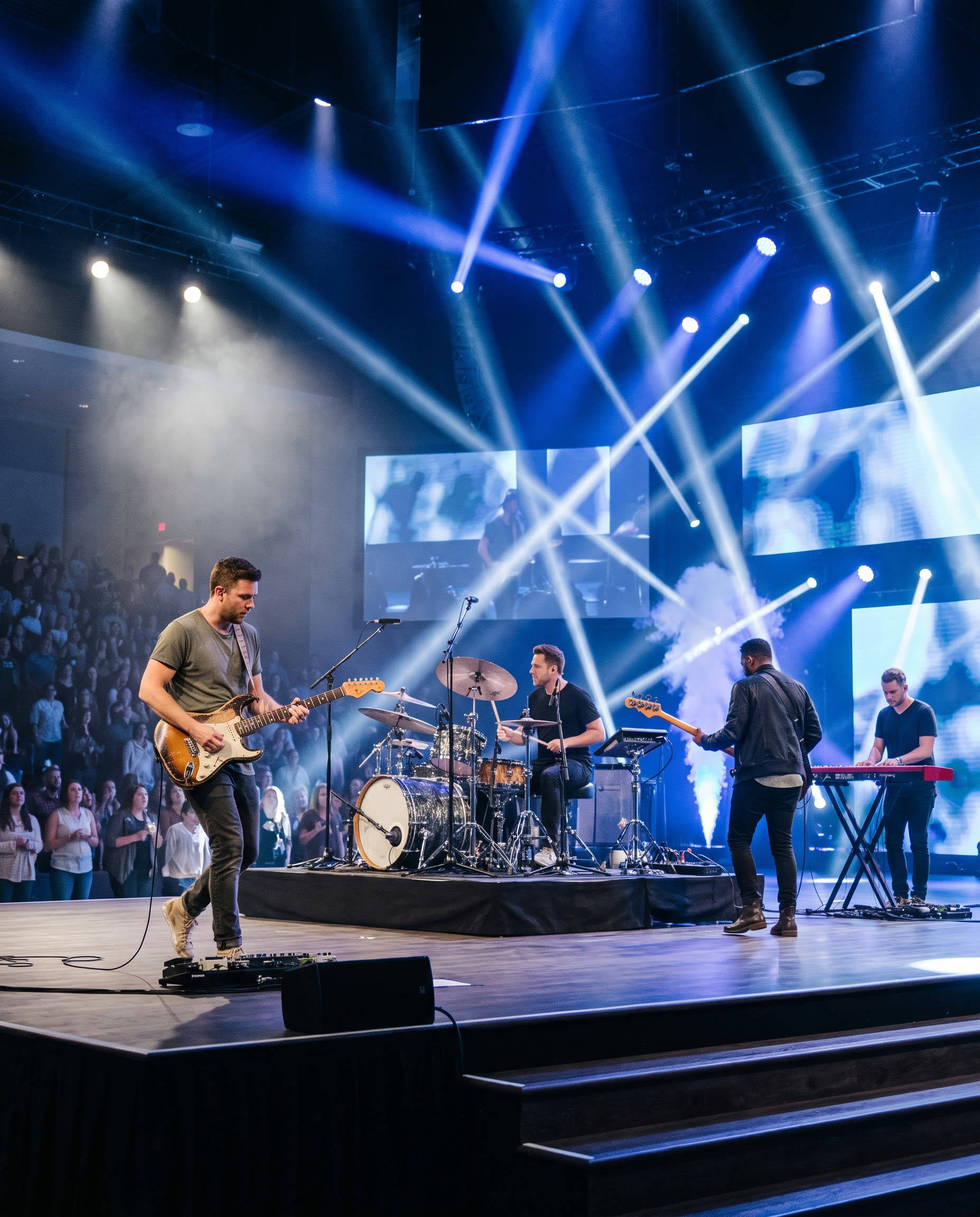 Contemporary worship band performing on stage with cobalt-blue stage lighting