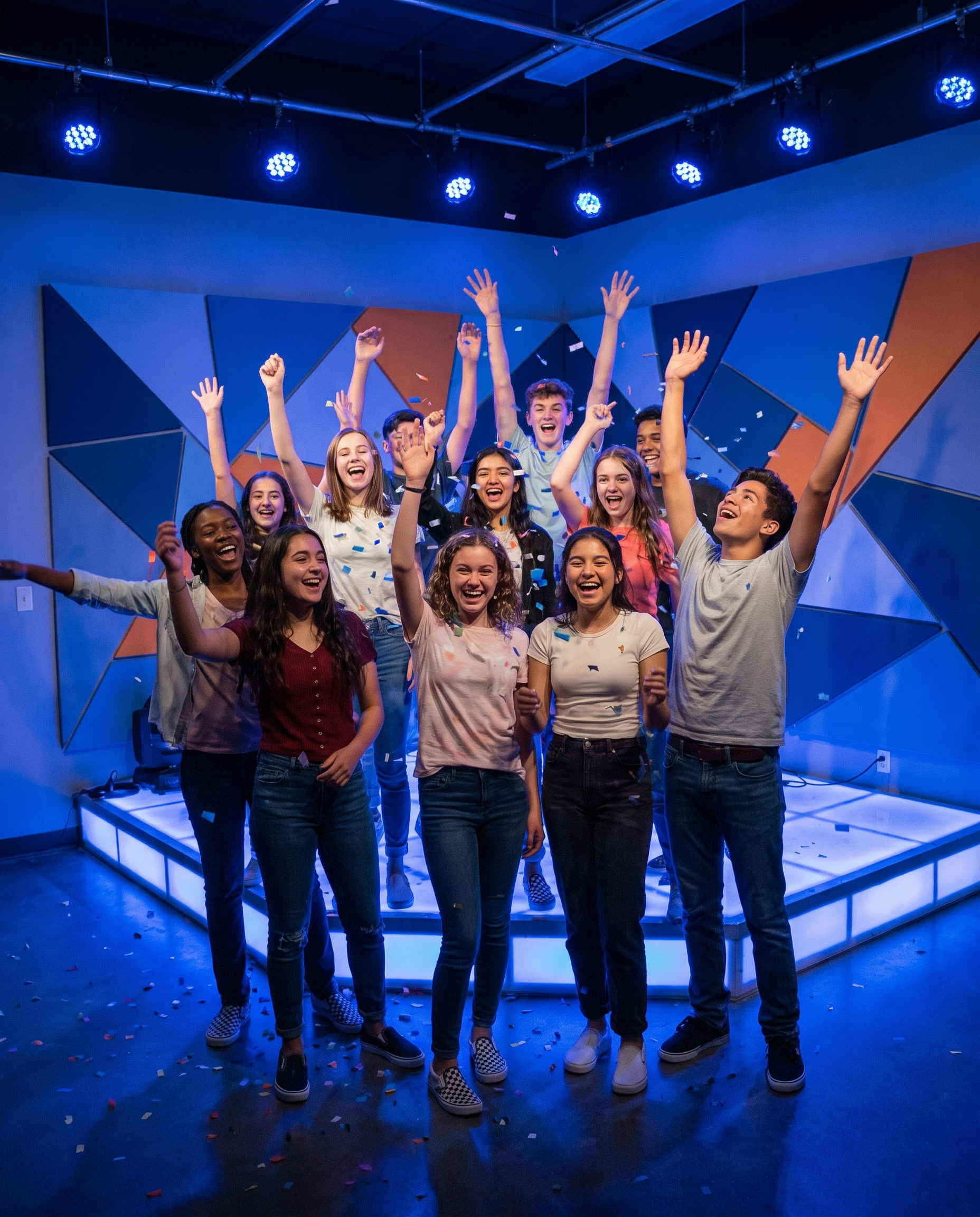 Energetic diverse teenagers laughing and cheering at a modern youth service